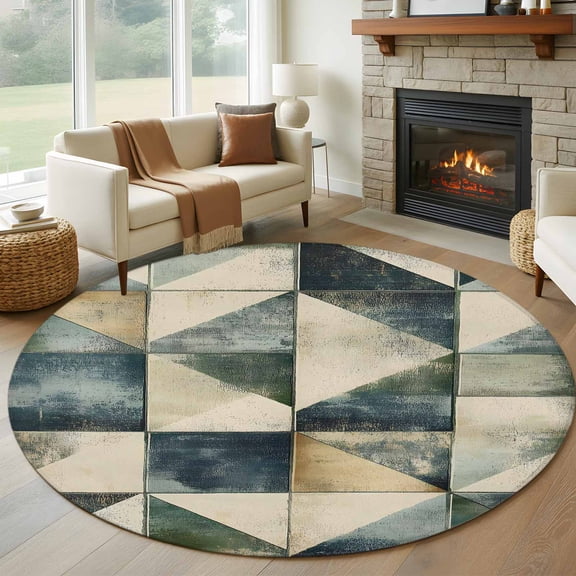 Round Rugs 5Ft, Vintage Green Abstract Round Area Rug Washable Indoor Throw Carpet, Rhombus Geometric Modern Soft Non Slip Circle Rug for Cabinet Bathroom Home Decor Aesthetic