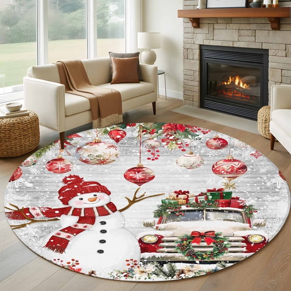 Round Rugs 5Ft, Vintage Grey Christmas Round Area Rug Washable Indoor Throw Carpet, Snowman Truck Xmas Balls Snowflake Soft Non Slip Circle Rug for Cabinet Bathroom Home Decor Aesthetic