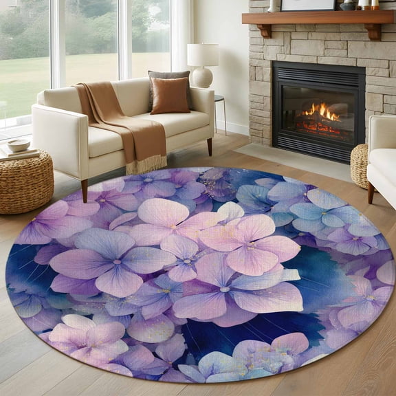 Round Rugs 5Ft, Vintage Hydrangea Round Area Rug Washable Indoor Throw Carpet, Spring Purple Flowers Garden Plants Soft Non Slip Circle Rug for Cabinet Bathroom Home Decor Aesthetic