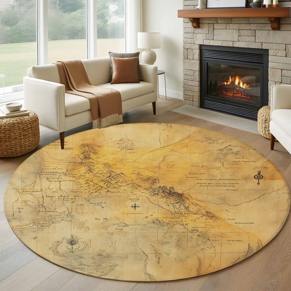Round Rugs 5Ft, Vintage Map Round Area Rug Washable Indoor Throw Carpet, Middle Century Farmhouse Natural Landscape Soft Non Slip Circle Rug for Cabinet Bathroom Home Decor Aesthetic