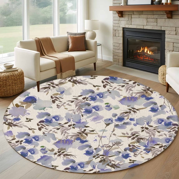 Round Rugs 5Ft, Vintage Purple Flower Round Area Rug Washable Indoor Throw Carpet, Farmhouse Botanical Floral Retro Soft Non Slip Circle Rug for Cabinet Bathroom Home Decor Aesthetic