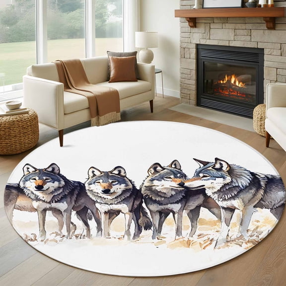 Round Rugs 5Ft, Vintage Wolves Round Area Rug Washable Indoor Throw Carpet, Vintage Chic Watercolor Animals Soft Non Slip Circle Rug for Cabinet Bathroom Home Decor Aesthetic