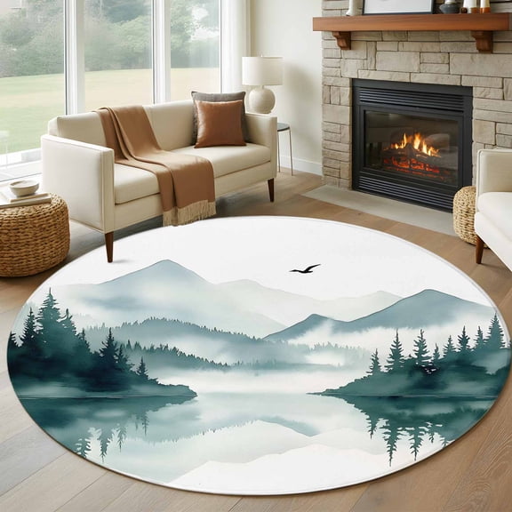 Round Rugs 5Ft, Watercolor Mountain Round Area Rug Washable Indoor Throw Carpet, Green Ink Abstract Art Soft Non Slip Circle Rug for Cabinet Bathroom Home Decor Aesthetic