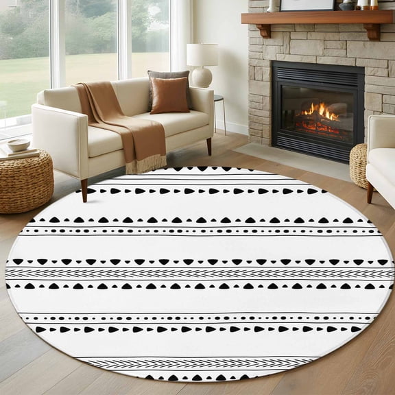 Round Rugs 5Ft, White Boho Geometric Round Area Rug Washable Indoor Throw Carpet, Abstract Art Dots Striped Soft Non Slip Circle Rug for Cabinet Bathroom Home Decor Aesthetic