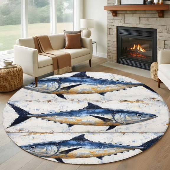 Round Rugs 5Ft, White Navy Blue Fish Round Area Rug Washable Indoor Throw Carpet, Retro Animals Summer Coastal Soft Non Slip Circle Rug for Cabinet Bathroom Home Decor Aesthetic