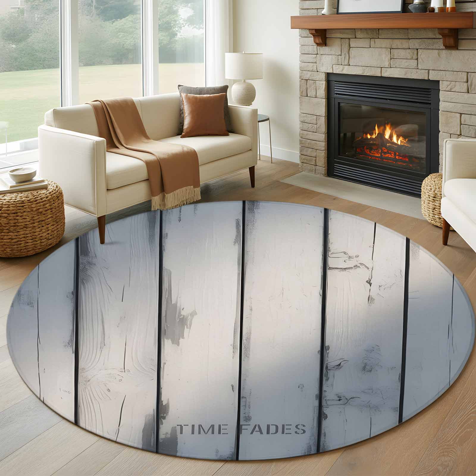 Round Rugs 5Ft, White Wooden Round Area Rug Washable Indoor Throw ...