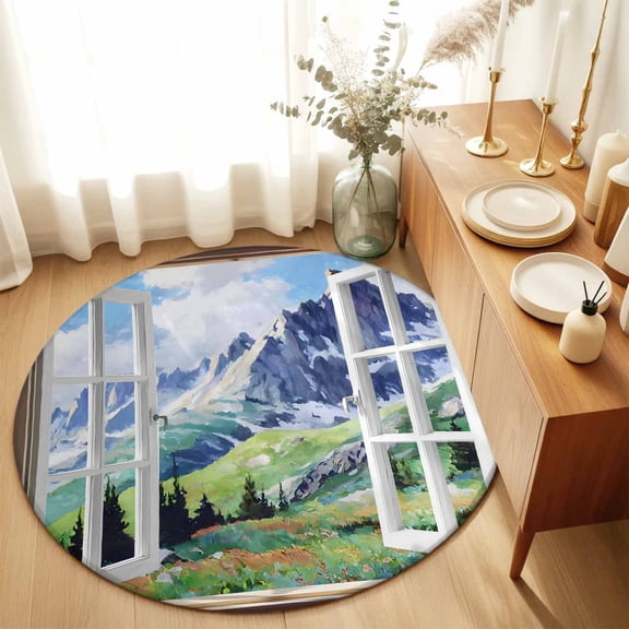 Round Rugs 5Ft, Window Mountain View Round Area Rug Washable Indoor Throw Carpet, Nature Scenic Lush Alpine Valley Soft Non Slip Circle Rug for Cabinet Bathroom Home Decor Aesthetic
