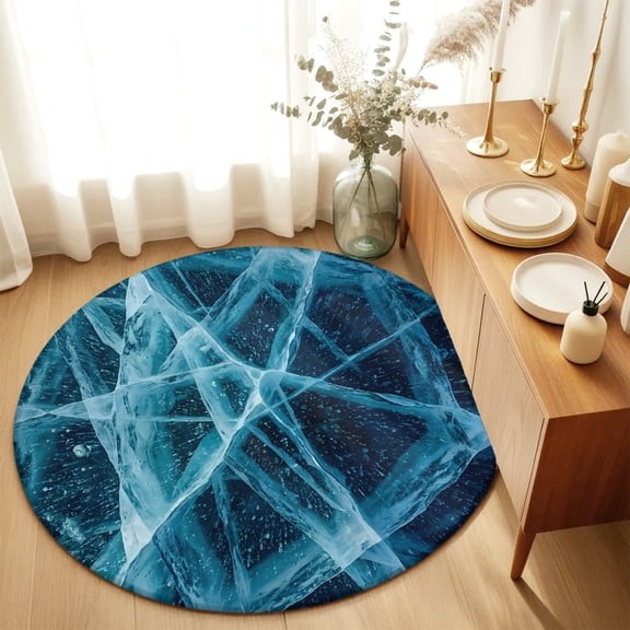 Round Rugs 5Ft, Winter Cracked Ice Round Area Rug Washable Indoor Throw Carpet, Blue Cyan Abstract Geometric Striped Soft Non Slip Circle Rug for Cabinet Bathroom Home Decor Aesthetic