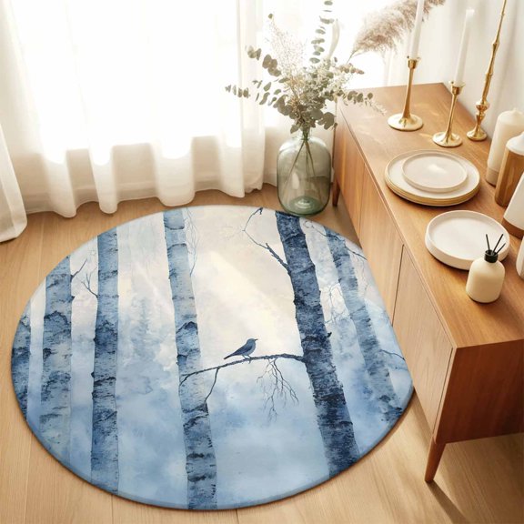 Round Rugs 5Ft, Winter Forest Round Area Rug Washable Indoor Throw Carpet, Country Birch Tree Trunks Natural Scenery Soft Non Slip Circle Rug for Cabinet Bathroom Home Decor Aesthetic