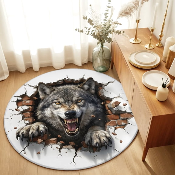 Round Rugs 5Ft, Wolf Round Area Rug Washable Indoor Throw Carpet, Animal Broken Wall Dynamic Angry Expression Soft Non Slip Circle Rug for Cabinet Bathroom Home Decor Aesthetic