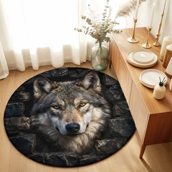 Round Rugs 5Ft, Wolf Round Area Rug Washable Indoor Throw Carpet, Mysterious Black Dark Stones Gray Brown Soft Non Slip Circle Rug for Cabinet Bathroom Home Decor Aesthetic