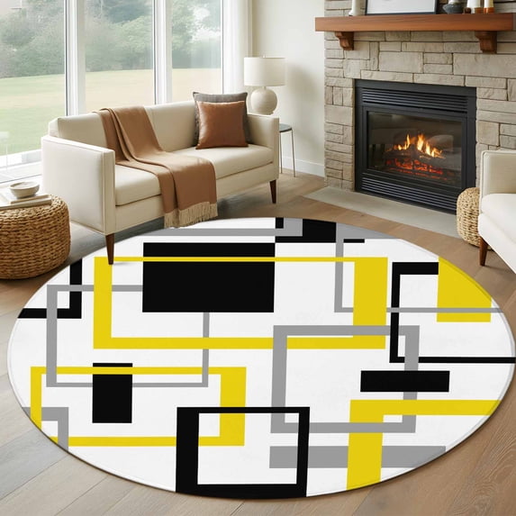 Round Rugs 5Ft, Yellow Black Geometric Round Area Rug Washable Indoor Throw Carpet, Modern Simple Abstract Art Soft Non Slip Circle Rug for Cabinet Bathroom Home Decor Aesthetic