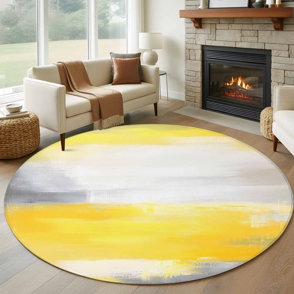 Round Rugs 5Ft, Yellow Gray Round Area Rug Washable Indoor Throw Carpet, Contemporary Oil Painted Abstract Art Soft Non Slip Circle Rug for Cabinet Bathroom Home Decor Aesthetic