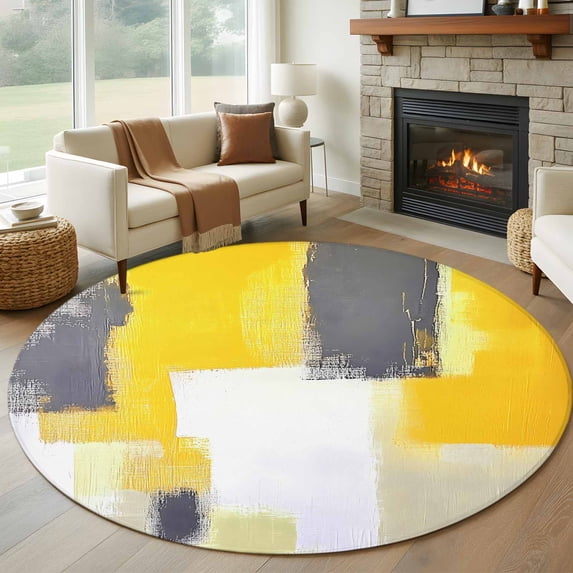 Round Rugs 5Ft, Yellow Grey Round Area Rug Washable Indoor Throw Carpet, Modern Abstract Oil Painted Geometric Soft Non Slip Circle Rug for Cabinet Bathroom Home Decor Aesthetic