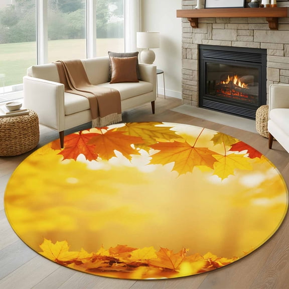 Round Rugs 5Ft, Yellow Maple Fall Round Area Rug Washable Indoor Throw Carpet, Autumn Leaves Country Deciduous Forest Soft Non Slip Circle Rug for Cabinet Bathroom Home Decor Aesthetic