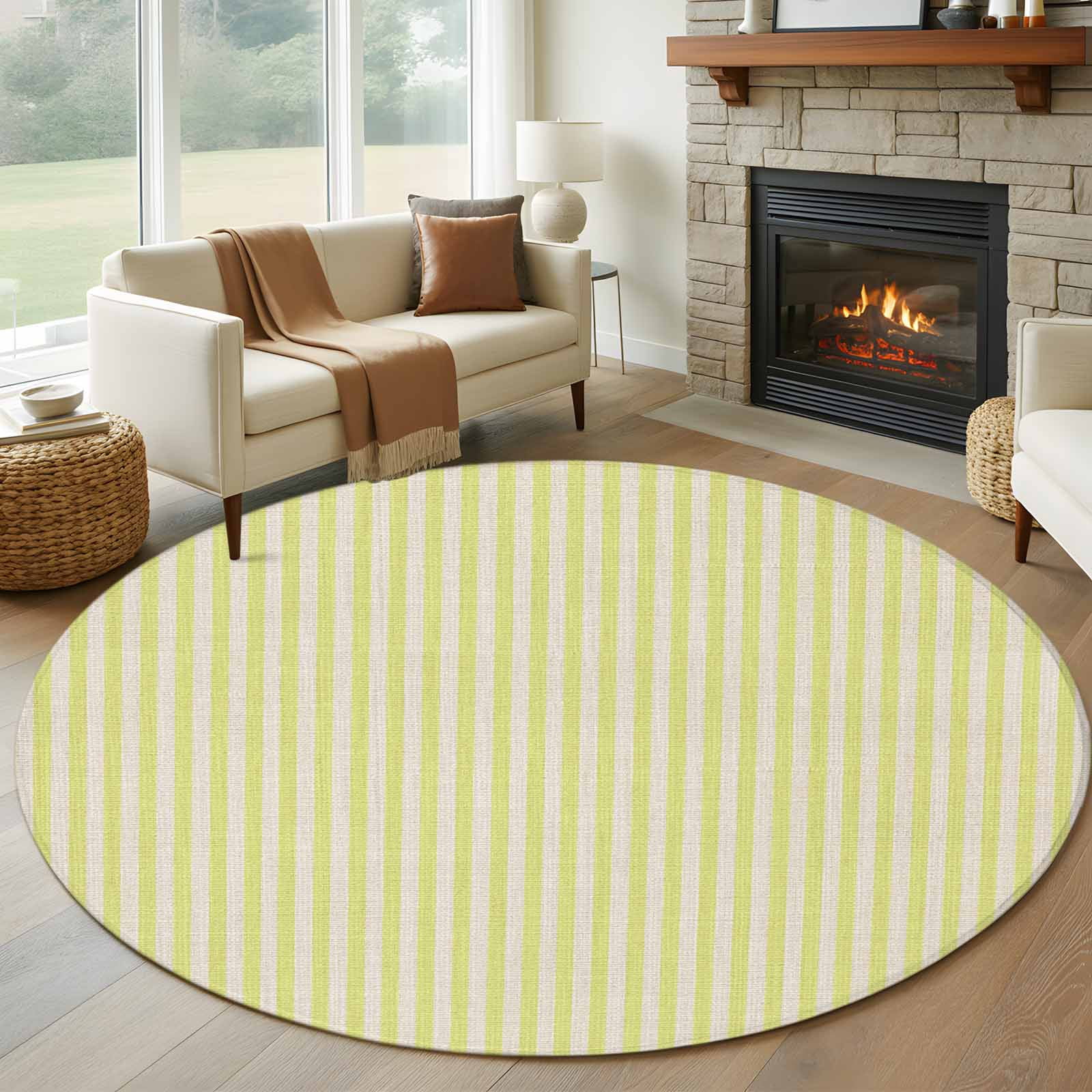 Yellow Circe Rug Round Rugs 5Ft, Yellow Striped Round Area Rug Washable Indoor Throw ...