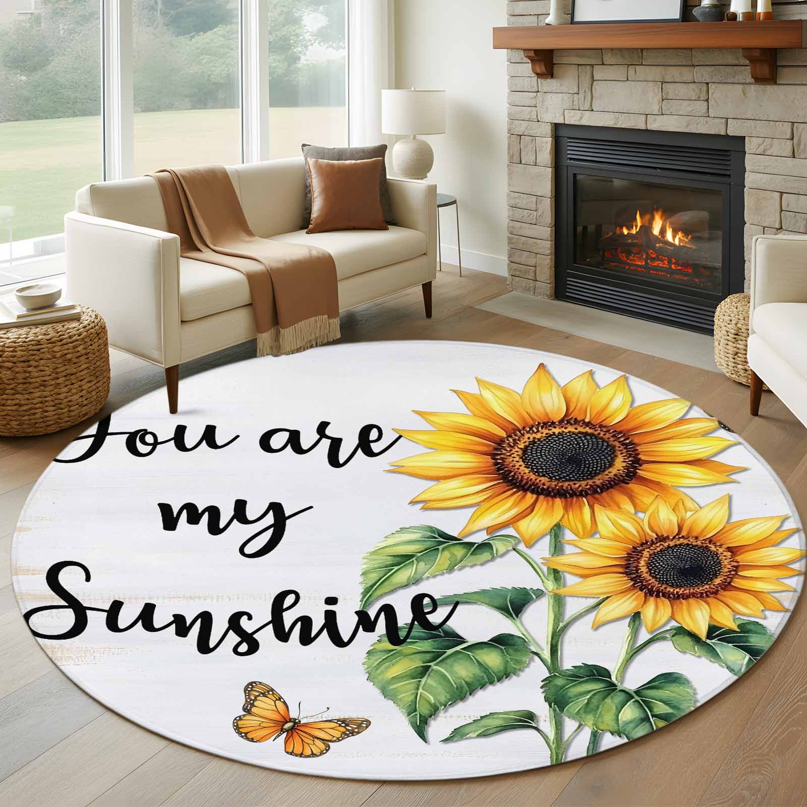 Round Rugs 5Ft, Yellow Sunflower Round Area Rug Washable Indoor Throw ...