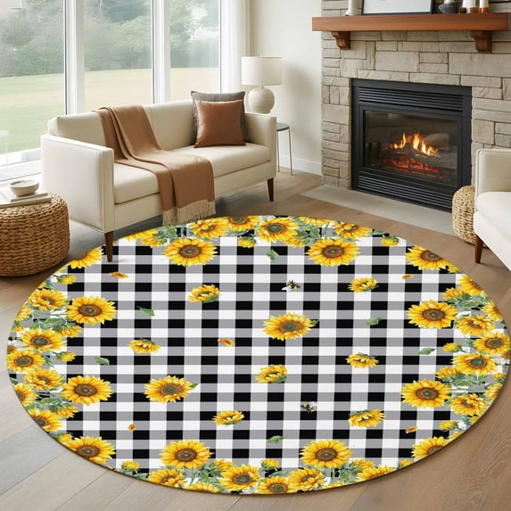 Round Rugs 5Ft, Yellow Sunflower Round Area Rug Washable Indoor Throw Carpet, Summer Bee Floral Black White Plaid Soft Non Slip Circle Rug for Cabinet Bathroom Home Decor Aesthetic