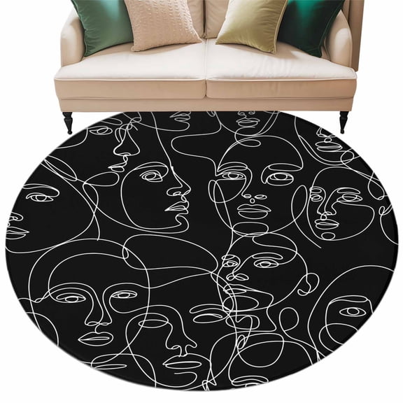 Round Rugs 6 Ft, Abstract Style Non Slip Area Rugs for Kitchen Bedroom Entryway, Black Face Line Modern Character Art Washable Carpet Runner Rug Floor Mats for Bedroom Home Decor