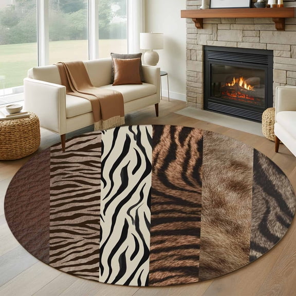 Round Rugs 6 Ft, Animals Printed Striped Non Slip Area Rugs for Kitchen Bedroom Entryway, Rustic Country Zebra Textured Washable Carpet Runner Rug Floor Mats for Bedroom Home Decor