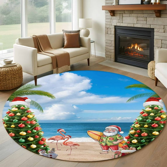 Round Rugs 6 Ft, Blue Coastal Christmas Non Slip Area Rugs for Kitchen Bedroom Entryway, Xmas Tree Santa Summer Beach Washable Carpet Runner Rug Floor Mats for Bedroom Home Decor