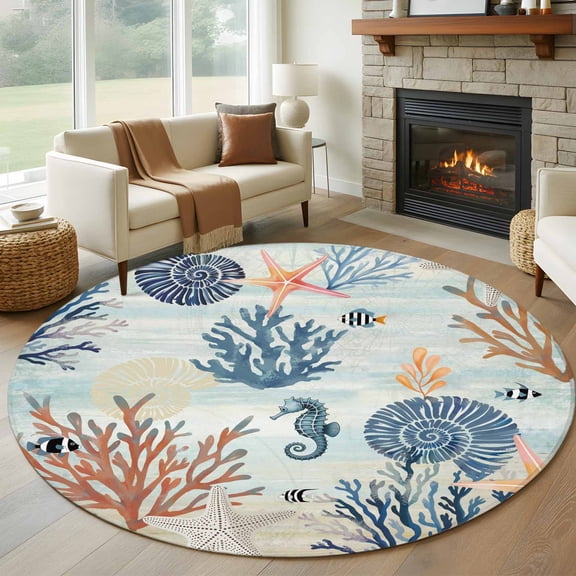 Round Rugs 6 Ft, Blue Coastal Non Slip Area Rugs for Kitchen Bedroom Entryway, Summer Beach Coral Shell Starfish Seahorse Washable Carpet Runner Rug Floor Mats for Bedroom Home Decor