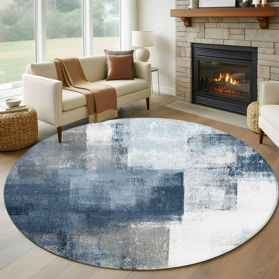 Round Rugs 6 Ft, Blue Grey Abstract Art Non Slip Area Rugs for Kitchen Bedroom Entryway, Modern Oil Painting Geometric Washable Carpet Runner Rug Floor Mats for Bedroom Home Decor