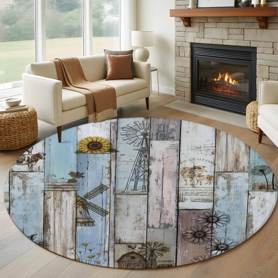Round Rugs 6 Ft, Blue Grey Wooden Non Slip Area Rugs for Kitchen Bedroom Entryway, Farmhouse Barn Sunflowers Retro Washable Carpet Runner Rug Floor Mats for Bedroom Home Decor