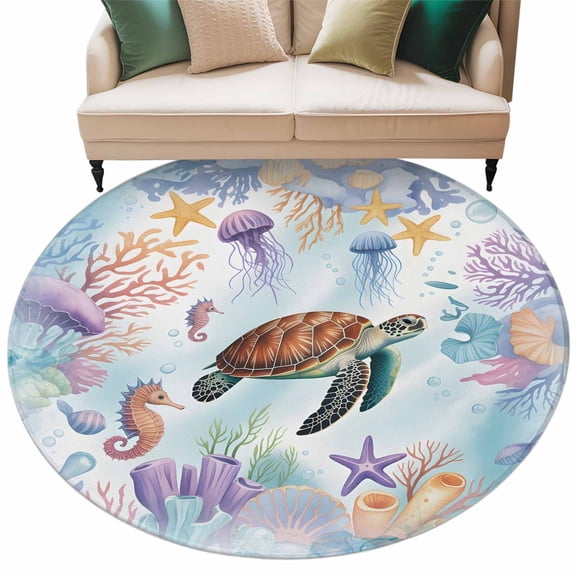 Round Rugs 6 Ft, Blue Sea Turtle Coastal Non Slip Area Rugs for Kitchen Bedroom Entryway, Purple Summer Beach Nautical Jellyfish Washable Carpet Runner Rug Floor Mats for Bedroom Home Decor