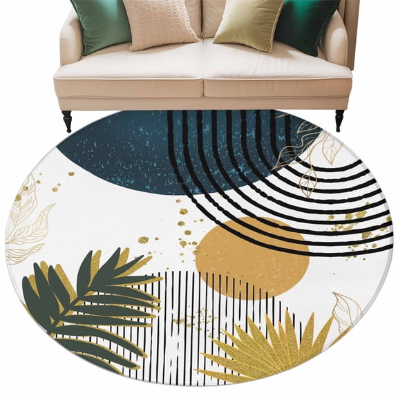 Round Rugs 6 Ft, Boho Middle Century Non Slip Area Rugs for Kitchen Bedroom Entryway, Navy Blue Yellow Abstract Sun Modern Washable Carpet Runner Rug Floor Mats for Bedroom Home Decor
