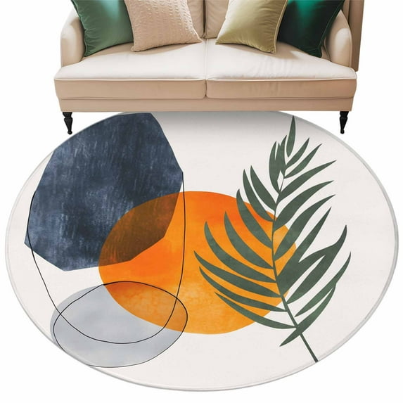 Round Rugs 6 Ft, Boho Non Slip Area Rugs for Kitchen Bedroom Entryway, Middle Century Abstract Modern Geometric Leaf Washable Carpet Runner Rug Floor Mats for Bedroom Home Decor