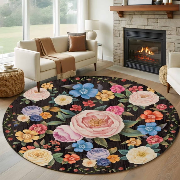 Round Rugs 6 Ft, Boho Pink Flower Non Slip Area Rugs for Kitchen Bedroom Entryway, Spring Watercolor Country Floral Plant Washable Carpet Runner Rug Floor Mats for Bedroom Home Decor