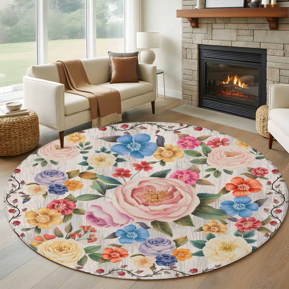 Round Rugs 6 Ft, Boho Pink Flowers Non Slip Area Rugs for Kitchen Bedroom Entryway, Colorful Floral Spring Vintage Botanical Washable Carpet Runner Rug Floor Mats for Bedroom Home Decor