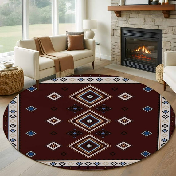 Round Rugs 6 Ft, Brown Boho Non Slip Area Rugs for Kitchen Bedroom Entryway, Vintage Ethnic Tribe Washable Carpet Runner Rug Floor Mats for Bedroom Home Decor Abstract Art