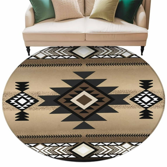 Round Rugs 6 Ft, Brown Southwest Non Slip Area Rugs for Kitchen Bedroom Entryway, Farmhouse Boho Aztec Geometric Neutral Washable Carpet Runner Rug Floor Mats for Bedroom Home Decor