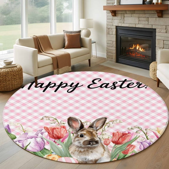 Round Rugs 6 Ft, Easter Bunny Non Slip Area Rugs for Kitchen Bedroom Entryway, Spring Tulips Floral Pink Farmhouse Plaid Washable Carpet Runner Rug Floor Mats for Bedroom Home Decor