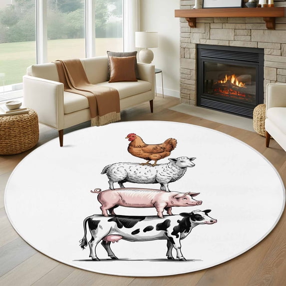 Round Rugs 6 Ft, Farm Animals Non Slip Area Rugs for Kitchen Bedroom Entryway, Watercolor Farmhouse Cow Pig Chickens Sheeps Washable Carpet Runner Rug Floor Mats for Bedroom Home Decor