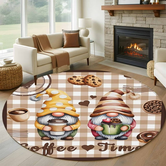 Round Rugs 6 Ft, Farmhouse Coffee Time Non Slip Area Rugs for Kitchen Bedroom Entryway, Vintage Gnomes Desserts Khaki Plaid Washable Carpet Runner Rug Floor Mats for Bedroom Home Decor
