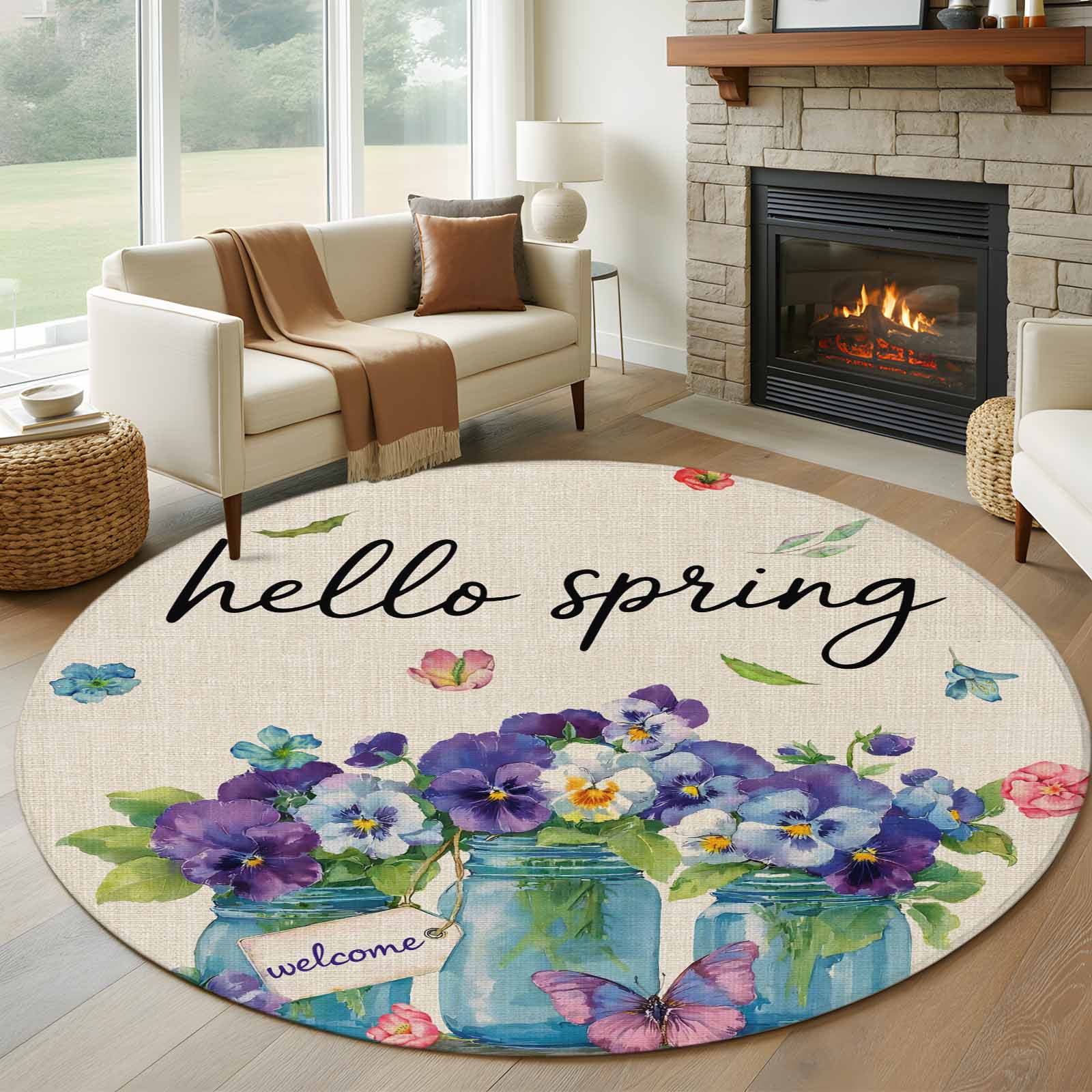 Round Rugs 6 Ft, Hello Spring Non Slip Area Rugs for Kitchen Bedroom ...