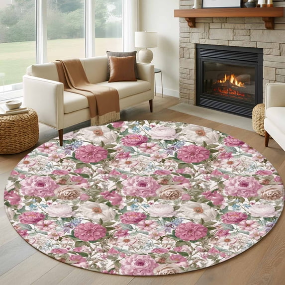 Round Rugs 6 Ft, Light Pink Spring Floral Non Slip Area Rugs for Kitchen Bedroom Entryway, Vintage Summer Botanical Washable Carpet Runner Rug Floor Mats for Bedroom Home Decor