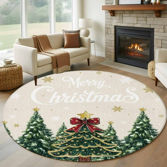 Round Rugs 6 Ft, Merry Christmas Non Slip Area Rugs for Kitchen Bedroom Entryway, Green Xmas Tree Snowflake Washable Carpet Runner Rug Floor Mats for Bedroom Home Decor