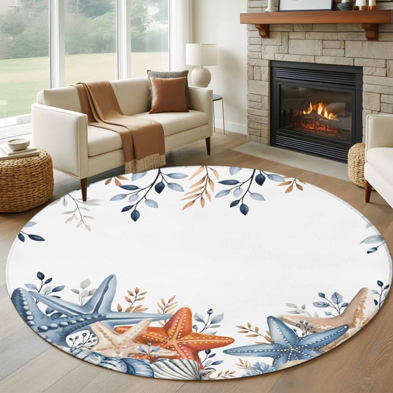 Round Rugs 6 Ft, Orange Blue Starfish Coastal Non Slip Area Rugs for Kitchen Bedroom Entryway, Nautical Beach Eucalyptus Washable Carpet Runner Rug Floor Mats for Bedroom Home Decor