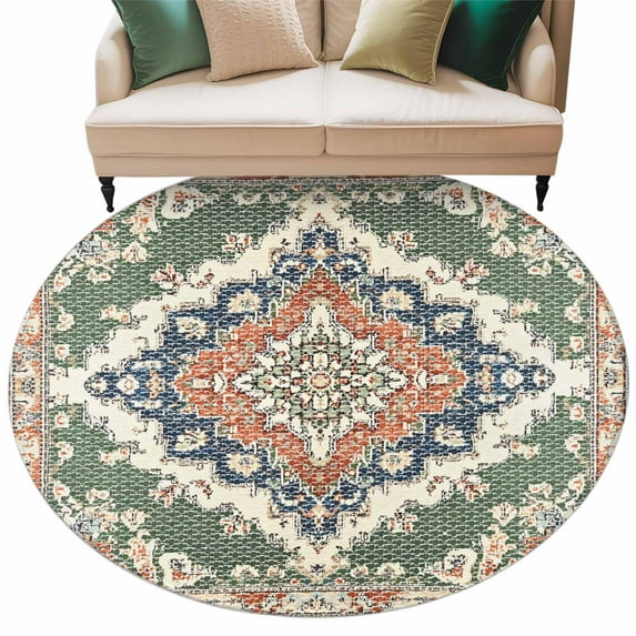 Round Rugs 6 Ft, Orange Green Boho Non Slip Area Rugs for Kitchen Bedroom Entryway, Medieval Vintage Ethnic Floral Abstract Washable Carpet Runner Rug Floor Mats for Bedroom Home Decor