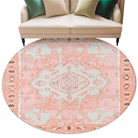 Round Rugs 6 Ft, Pink Boho Non Slip Area Rugs for Kitchen Bedroom Entryway, Vintage Abstract Tribal Decorative Oriental Washable Carpet Runner Rug Floor Mats for Bedroom Home Decor