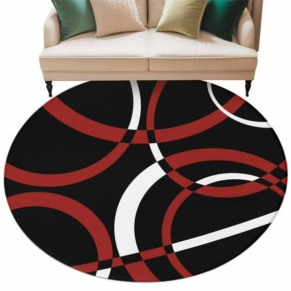 Round Rugs 6 Ft, Red Geometric Non Slip Area Rugs for Kitchen Bedroom Entryway, Vintage Abstract Stripes Aesthetic Art Washable Carpet Runner Rug Floor Mats for Bedroom Home Decor