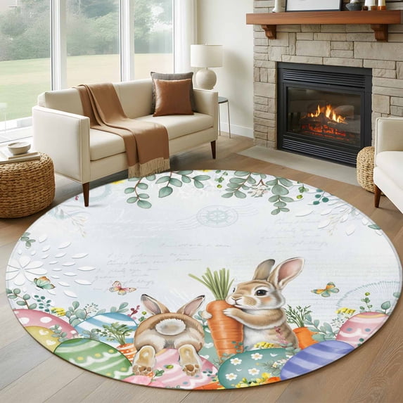Round Rugs 6 Ft, Spring Easter Non Slip Area Rugs for Kitchen Bedroom Entryway, Rabbit Eggs Eucalyptus Leaf Floral Butterfly Washable Carpet Runner Rug Floor Mats for Bedroom Home Decor