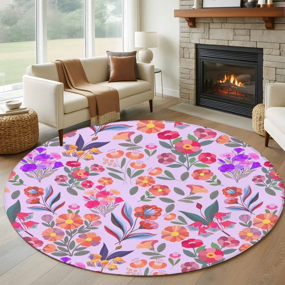 Round Rugs 6 Ft, Spring Floral Non Slip Area Rugs for Kitchen Bedroom Entryway, Retro Watercolor Flowers Leaves Plants Purple Washable Carpet Runner Rug Floor Mats for Bedroom Home Decor