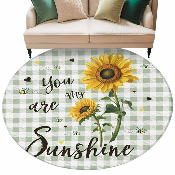 Round Rugs 6 Ft, Sunflowers Farmhouse Non Slip Area Rugs for Kitchen Bedroom Entryway, Sage Green Plaid Pastoral Rustic Washable Carpet Runner Rug Floor Mats for Bedroom Home Decor