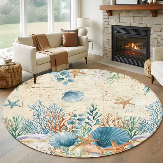Round Rugs 6 Ft, Teal Blue Coastal Non Slip Area Rugs for Kitchen Bedroom Entryway, Summer Beach Starfish Shell Coral Nautical Retro Washable Carpet Runner Rug Floor Mats for Bedroom Home Decor