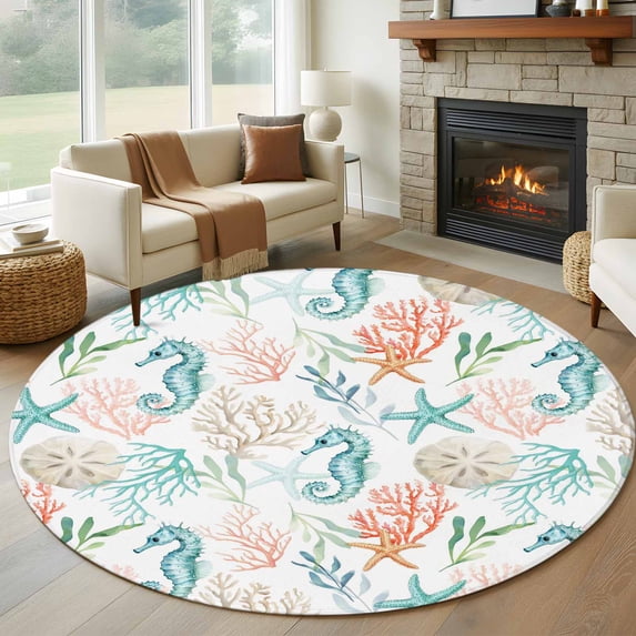 Round Rugs 6 Ft, Teal Red Seahorse Coastal Non Slip Area Rugs for Kitchen Bedroom Entryway, Nautical Beach Coral Starfish Washable Carpet Runner Rug Floor Mats for Bedroom Home Decor